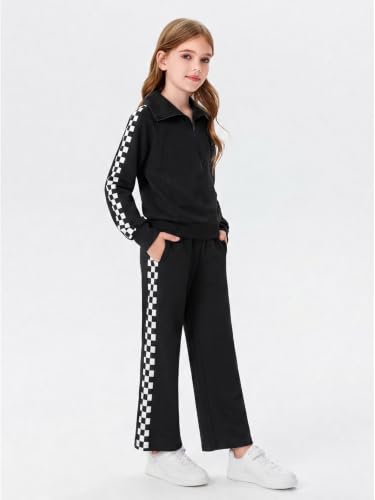 Girls Sweatsuit 2-Piece Zip Long Sleeve Outfit - Checked Black, Age 7-8