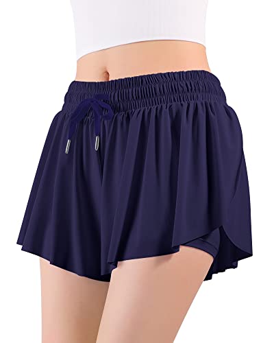 Butterfly Shorts for Girls - 2-in-1 Flowy Athletic Shorts with Pocket - Quick Dry, Navy, 9-10 Years