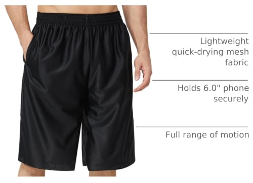 Urbciety Men's 12-Inch Big & Tall Basketball Shorts X-Large Black with Pockets & Drawstring