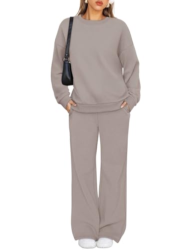 XIEERDUO Women's 2-Piece Lounge Sweatsuit Set - Fall 2025 Casual Outfit, Crewneck Tracksuit, Coffegrey Pink, Small