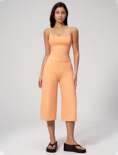 QBGJTD Women's Workout Set with Spaghetti Strap Crop Top & Wide Leg Capri Pants - Medium Orange