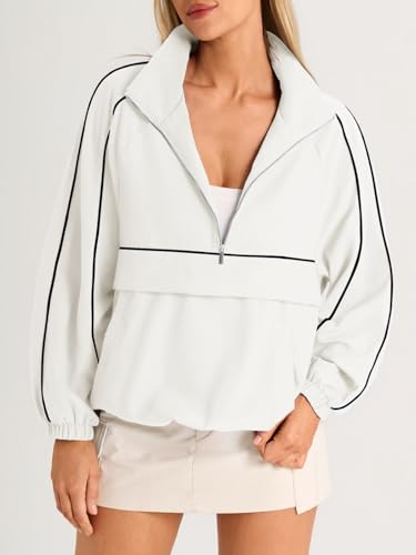 Fisoew Women's White Quarter Zip Windbreaker Jacket UPF 50+ Lightweight Outdoor Pullover with Pocket
