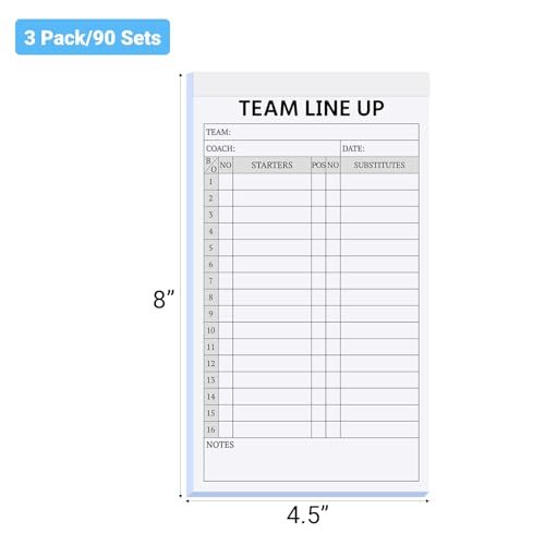 Baseball Lineup Cards - 90 Sets (3 Pads), 16 Player Roster Sheets