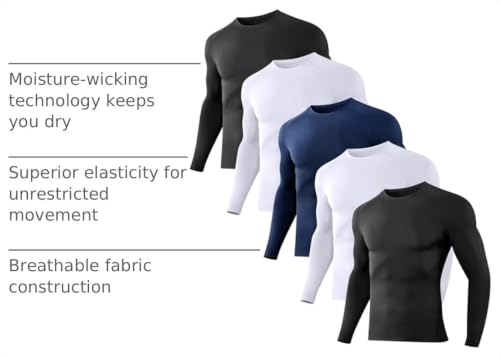 Dalavch Men's Compression Long Sleeve Workout Shirts 1/5 Pack Black White Blue