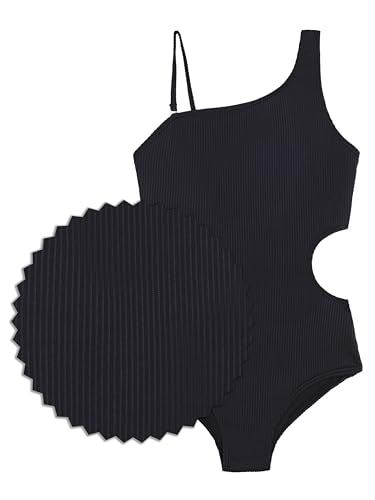 One Shoulder Girls' Cori Beach Sport Swimsuit - Rib Solid Black