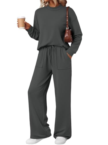 LILLUSORY Lounge Sets with Mock Neck Top & Wide Leg Drawstring Pants - Medium Dark Grey