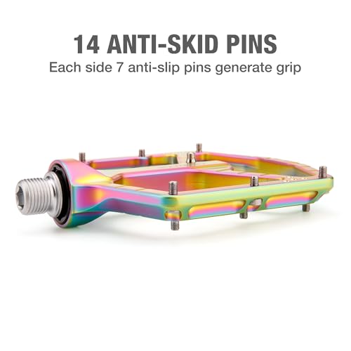 GEWAGE Rainbow Aluminum Mountain Bike Pedals - Flat Platform, Sealed Bearings, Anti-Slip Pins, 9/16 Inch