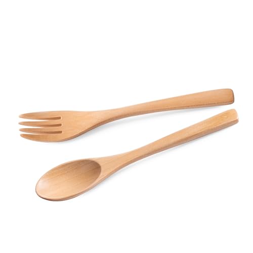 6.3-Inch Wooden Spoon and Fork Set - Sustainable Schima Wood Utensils - 1