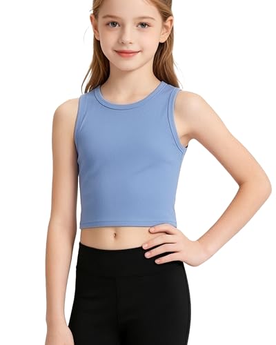 Girls Ribbed Knit Crop Tank Top - Crew Neck Sports Shirt - 13-14 Years Blue