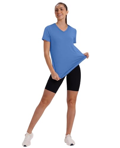XIEERDUO Women’s UPF 50+ Quick Dry Short Sleeve Hiking & Running Top, V-Neck, Blue, XL