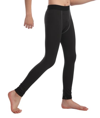 Boys Compression Pants - Thermal Athletic Leggings for Kids - Black