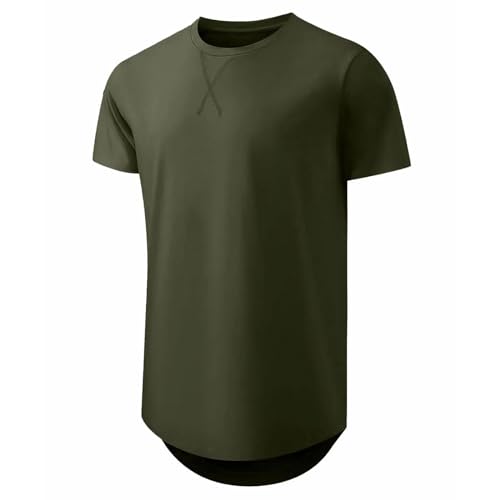 Men's Longline Crewneck T-Shirt - Casual Hipster Hip Hop Style, Short Sleeve, Medium, Black Gray Green