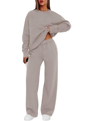 XIEERDUO Women's 2-Piece Lounge Sweatsuit Set - Fall 2025 Casual Outfit, Crewneck Tracksuit, Coffegrey Pink, Small