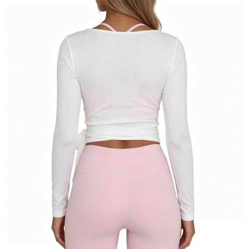 Women Ballet Wrap Top Small White - Long Sleeve Yoga & Dance Shirt for Workout