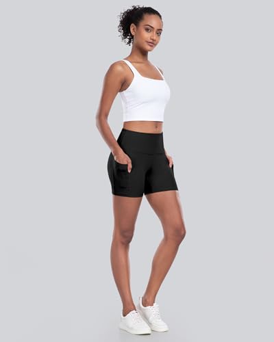 High Waisted Biker Yoga Shorts with Pocket - 5 Inch, Medium, Black