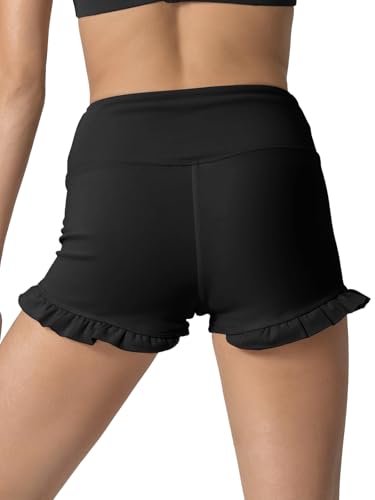 Girls High Waisted Athletic Yoga Shorts - Ruffle Biker Dance Shorts - Black Small