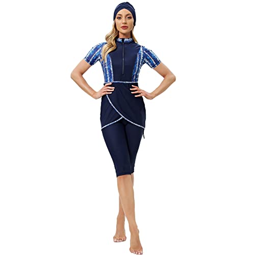 FYMNSI Medium Blue Muslim Burkini 3-Piece Swimwear Rash Guard Top Pants Hijab