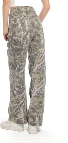 PinkyMoor Women Camouflage Cargo Pants XX-Large, Green – Straight Wide Leg Trousers with Pockets