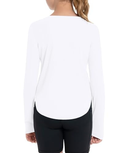 Runhit Girls UPF 50+ Rash Guard Long Sleeve Sun Protection Shirt 11-12 Years White