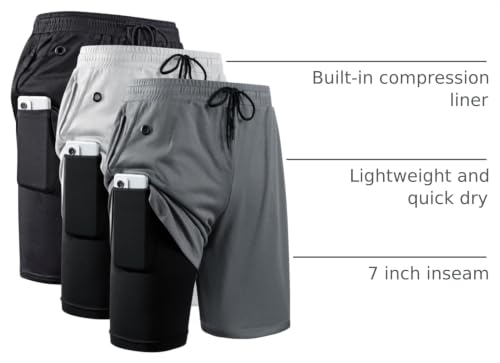 JWJ Men's 2-in-1 Lightweight Workout Running Shorts with Compression Liner - Large 3 Pack Black/Dark Grey/Light Grey
