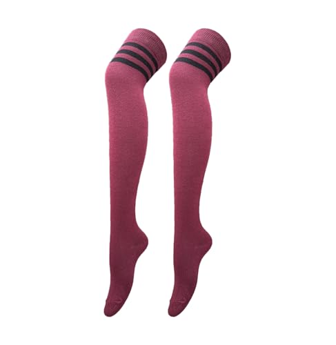 Thigh High Socks for Women - Cotton Warm Striped - Burgundy