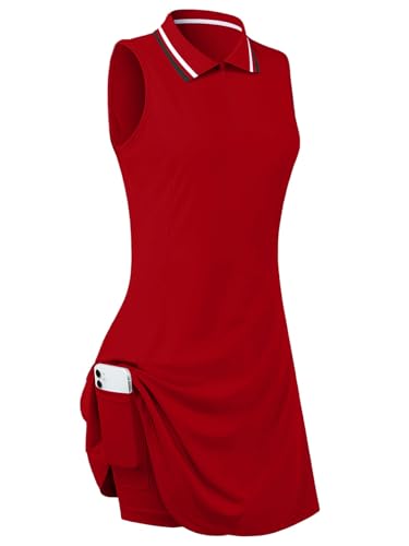 Women's Sleeveless Golf Tennis Dress with Inner Shorts & Pockets - Medium Red by FREEYE