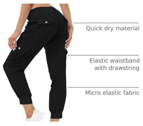 Lightweight Women's Hiking Cargo Pants - Quick Dry, Elastic Waist, Medium Black