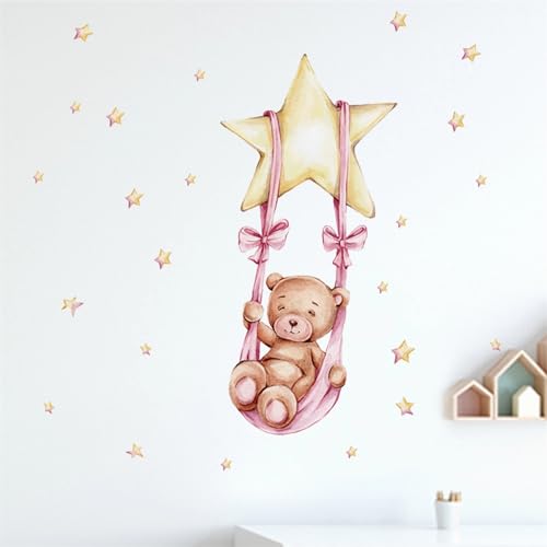 Cute Sleeping Baby Bear and Stars Wall Stickers, sacinora Cartoon Animals DIY Wall Decals Removable Vinyl Peel and Stick for Kids Baby Boy Girl Nursery Bedroom Playroom Toddler Room Art Decorations