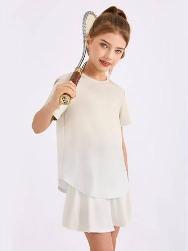 Girls Gradient Athletic Shirt - Short Sleeve Quick Dry Tee, Beige, 7-8 Years