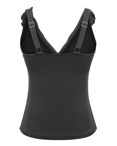 Yonique Women's Large Black Ruffle V Neck Tankini Top with Tummy Control - Swimsuit Bikini Top