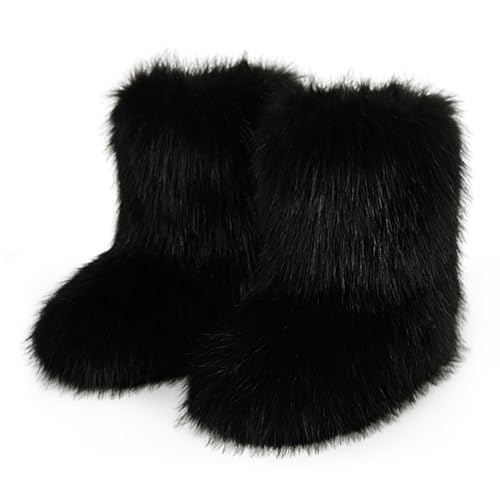 WOVOIE Women's Faux Fur Snow Boots - Black, Size 7.5, Mid-Calf Winter Boot