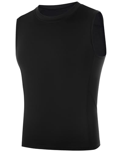 Boys Sleeveless Compression Shirt - Youth Athletic Tank Top - Black, Small