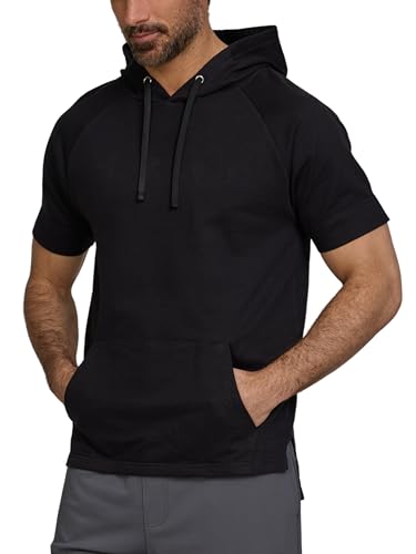 Men's Short Sleeve Hoodie - Breathable Athletic Pullover, Large Black