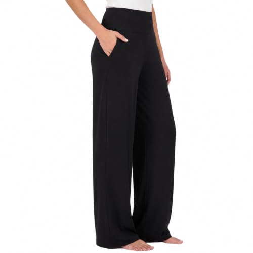 Harmony & Balance Palazzo Pants for Women - High Waisted Wide Leg Yoga Pants with Pockets (Medium, Black Flat Front)