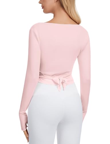 Ballet Wrap Top for Women - Tie Front Long Sleeve Crop Cardigan - Pink, Small