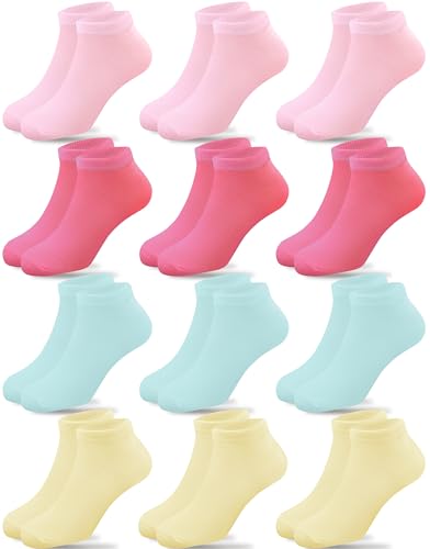 Low Cut Ankle Socks for Girls - 12 Pairs, 4-6 Years - Pink, Light Rose Red, Cream Yellow, Sky Blue