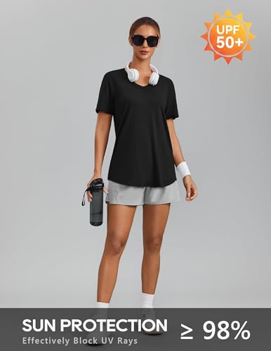 Moisture Wicking Short Sleeve V Neck Workout Top for Women - Black XX-Large