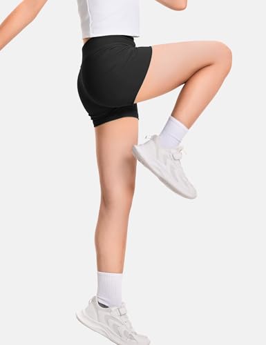 Girls High Waisted Athletic Shorts - Dance & Volleyball - 7-8 Years / Black
