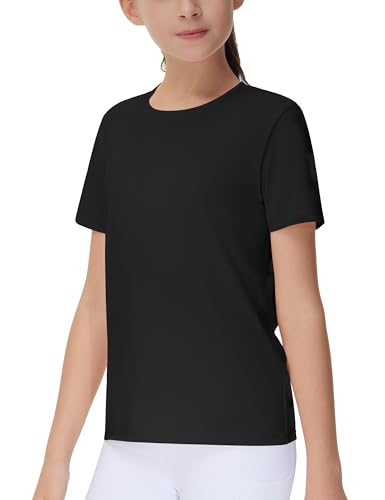 Girls Workout Shirt - Black Crewneck Running Yoga Tee - Small