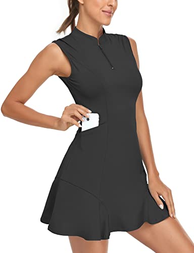 Tanst Sky Women's Golf Dress with Shorts - Medium Black - Quick Dry Sleeveless Tennis Workout Dress