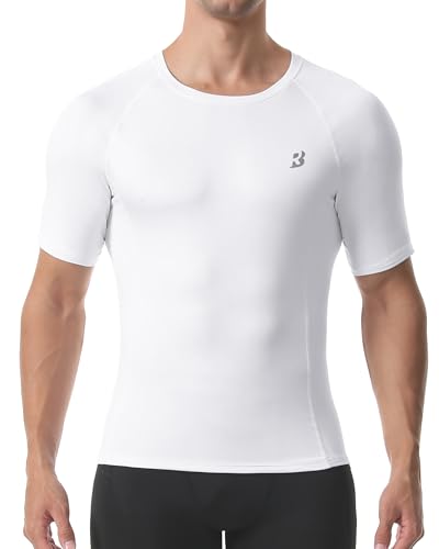 Roadbox Men's Compression Short Sleeve Workout Base Layer Shirt Small White