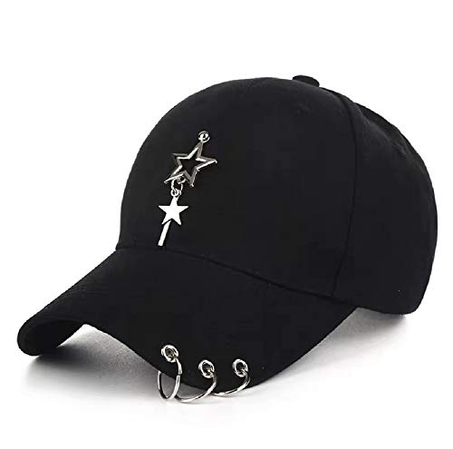 ARAWARA K-pop Metallic Fitted Cap with Ring Chain, Black (Medium) Star Embellishment