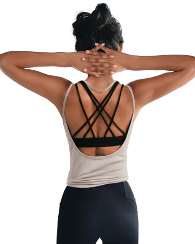 OYANUS Women's Backless Workout Tank Top – Beige, Medium