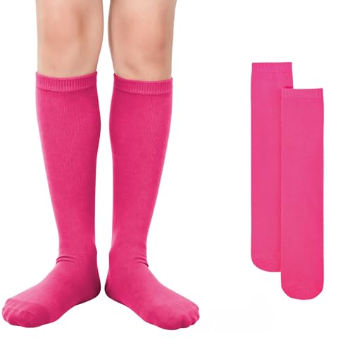 Kids Knee High Socks - Seamless Cotton Long Socks for School Spirit Week - Hot Pink, 6-9 Years