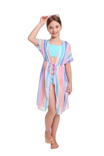 Girls 3-Piece Striped Multicolored Bikini Set with Cover Up - Ages 6-14