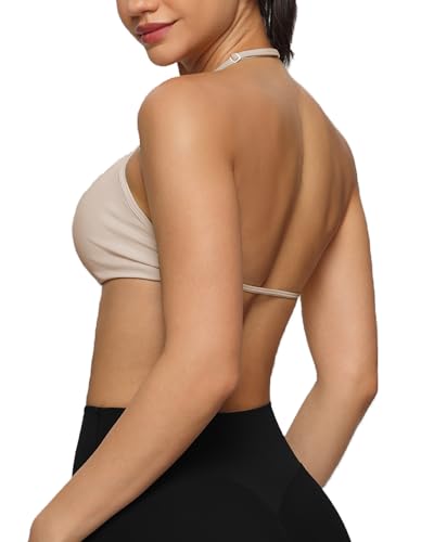 SPVISE Women's Medium Mojave Tan Halter Sports Bra - Adjustable Strappy Activewear Top