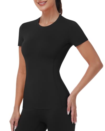 Runhit Women’s Short Sleeve Compression Gym Shirt, Black, Small, Moisture-Wicking UPF50+