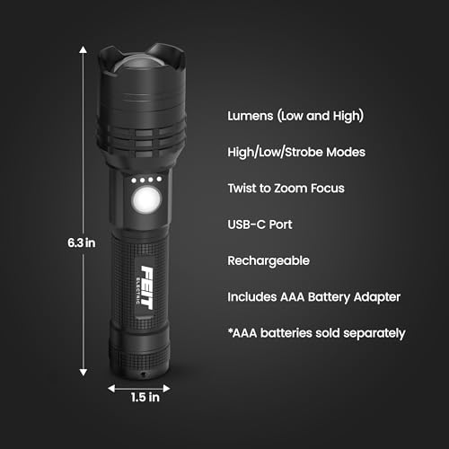 Feit Electric Flex Power 800 Lumens Rechargeable Tactical Flashlight with USB-C & AA Compatibility