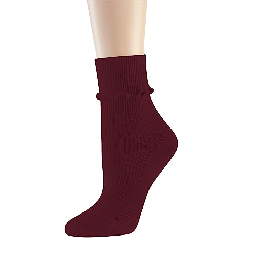 Women's Cotton Crew Socks with Ruffle Turn-Cuff - Wine Red