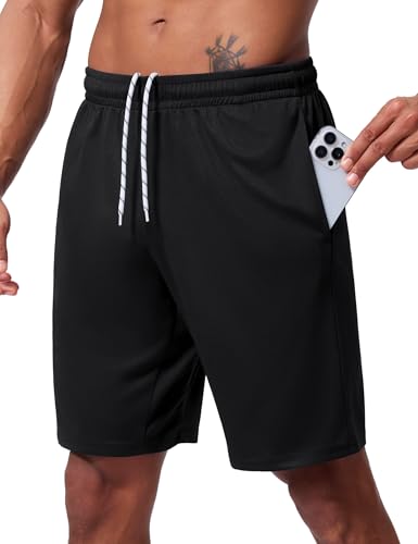 Men's 9 Inch Inseam Athletic Shorts - Quick Dry Mesh - Large Black